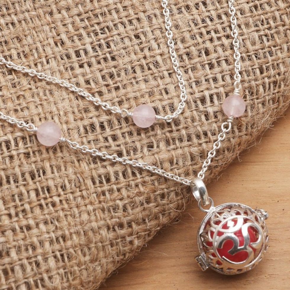 Balinese Silver and Rose Quartz Harmony Ball Necklace 'Sweet Omkara'