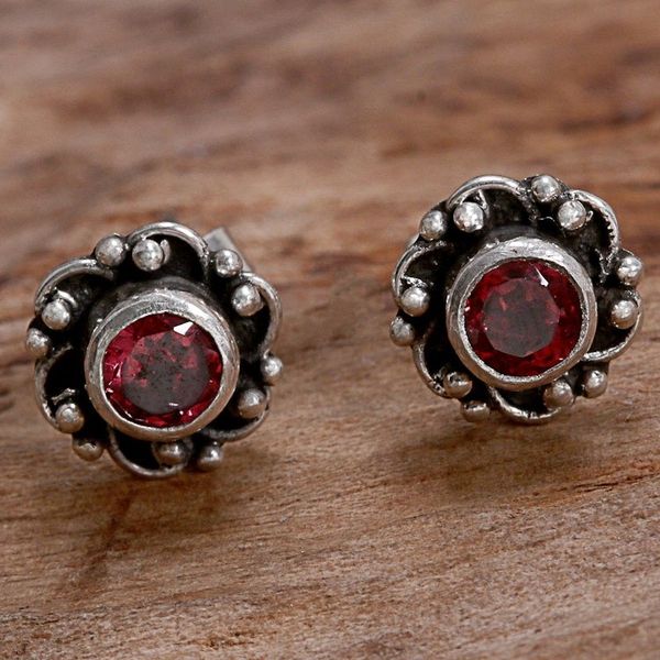 Alternate image for Hand Made Garnet and Sterling Silver Flower Stud Earrings Little Happiness in Red