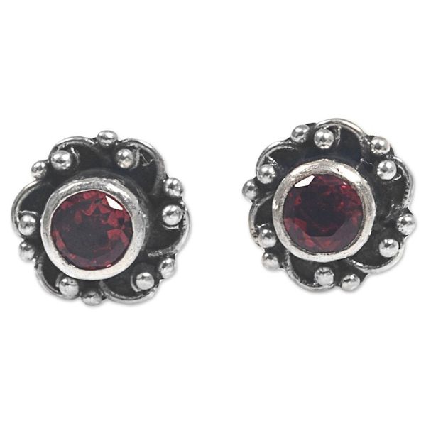 Alternate image for Hand Made Garnet and Sterling Silver Flower Stud Earrings Little Happiness in Red