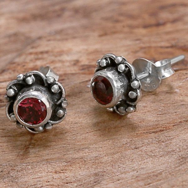 Alternate image for Hand Made Garnet and Sterling Silver Flower Stud Earrings Little Happiness in Red