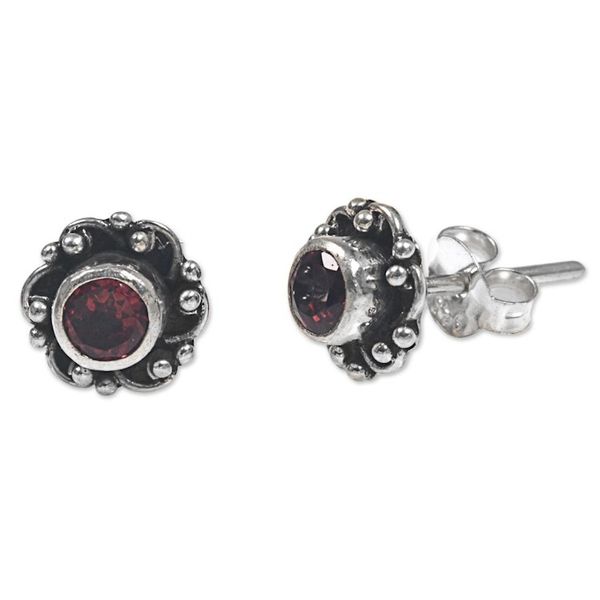 Alternate image for Hand Made Garnet and Sterling Silver Flower Stud Earrings Little Happiness in Red