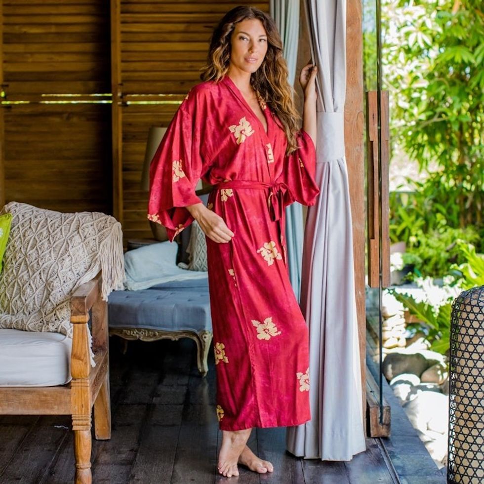 Handcrafted Balinese Rayon Batik Robe in Red and Yellow 'Red Passion'