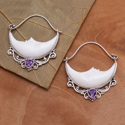 Alternate image for Amethyst Crescent Moon Hoop Earrings from Bali Sleeping Moons