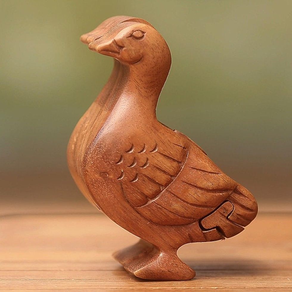Handmade Natural Wood Puzzle Box 'Javanese Duck'