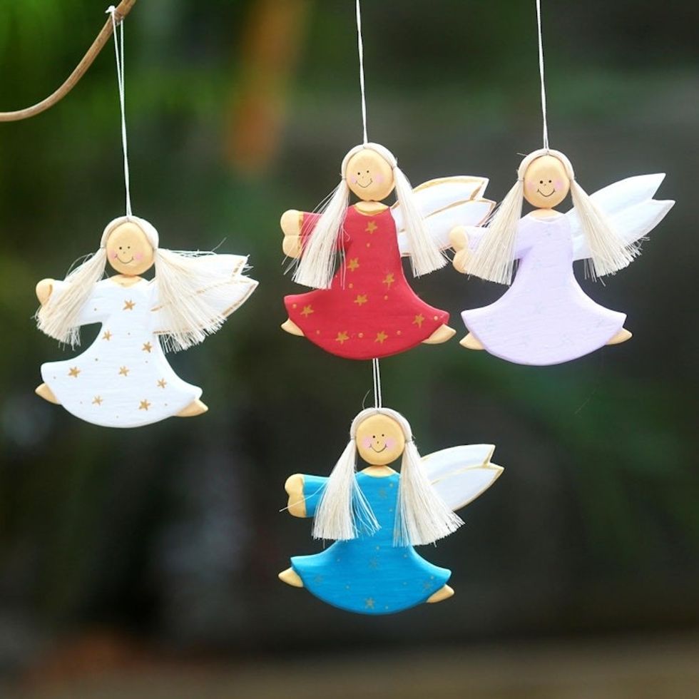 4 Artisan Crafted Angel Holiday Ornaments Set from Bali 'Dancing Angels'
