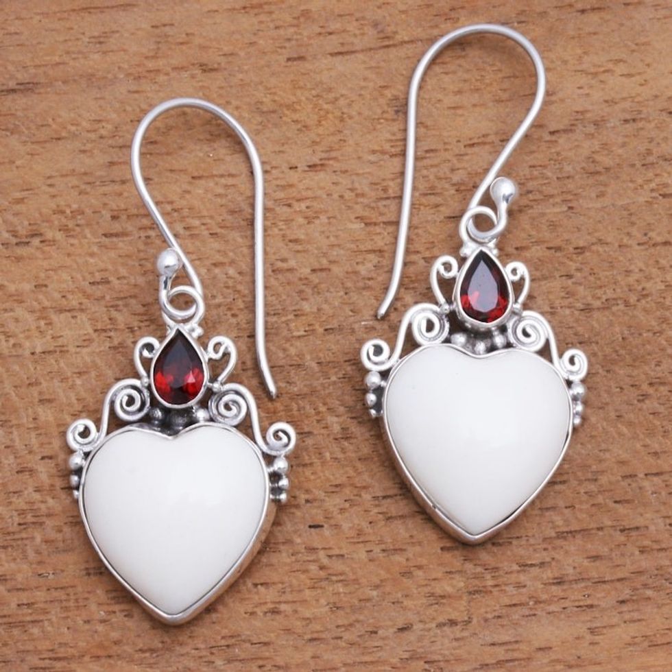 Heart-Shaped Garnet Dangle Earrings from Bali 'Heart Passion'
