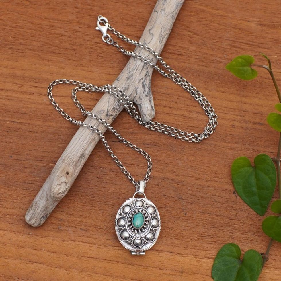 Sterling Silver and Reconstituted Turquoise Locket Necklace 'Island Bloom'