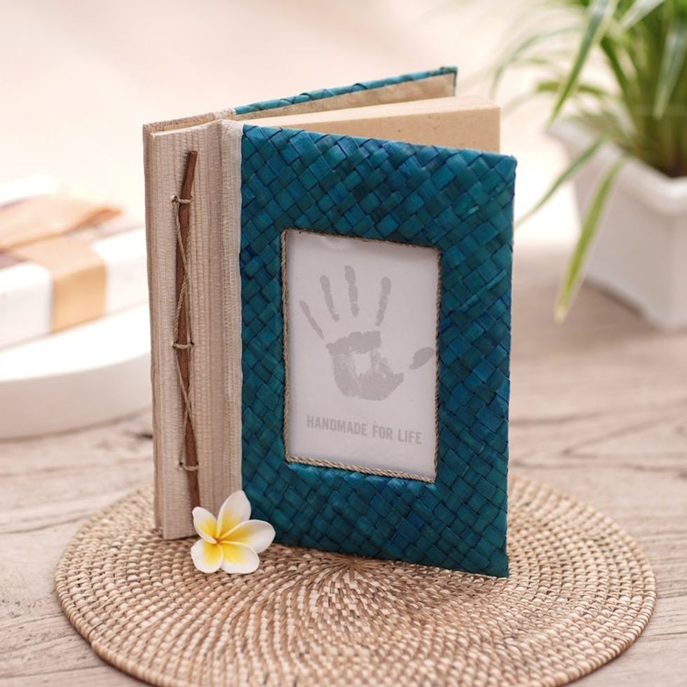 Hand-Woven Pandan Leaf Journal with Photo Cover in Blue 'Woven Memories in Blue'