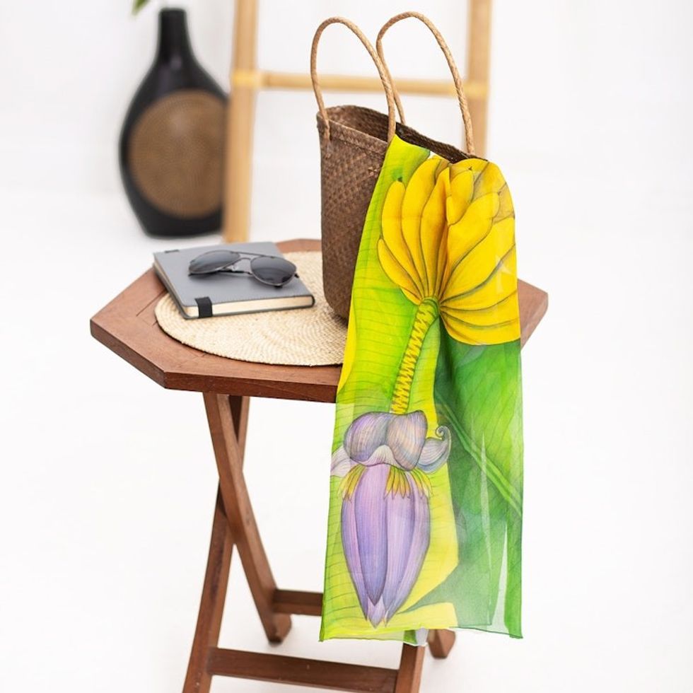 Hand-Painted Silk Chiffon Banana-Themed Shawl 'Banana Bunch'