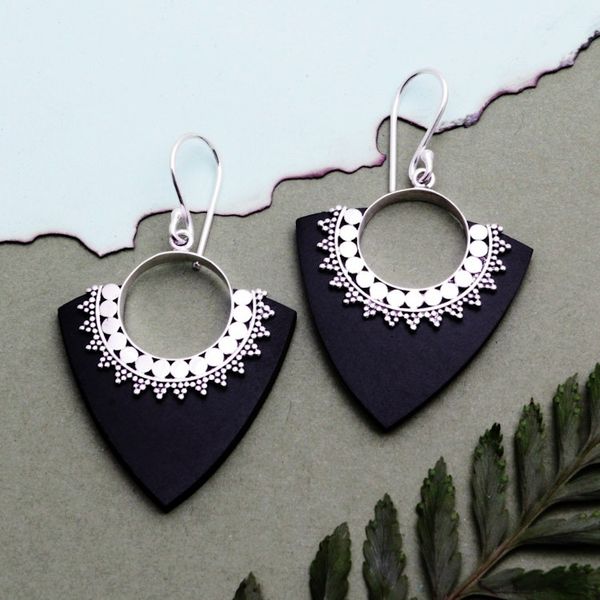 Alternate image for Sterling Silver and Lava Stone Pointed Earrings from Bali Dotted Arrows