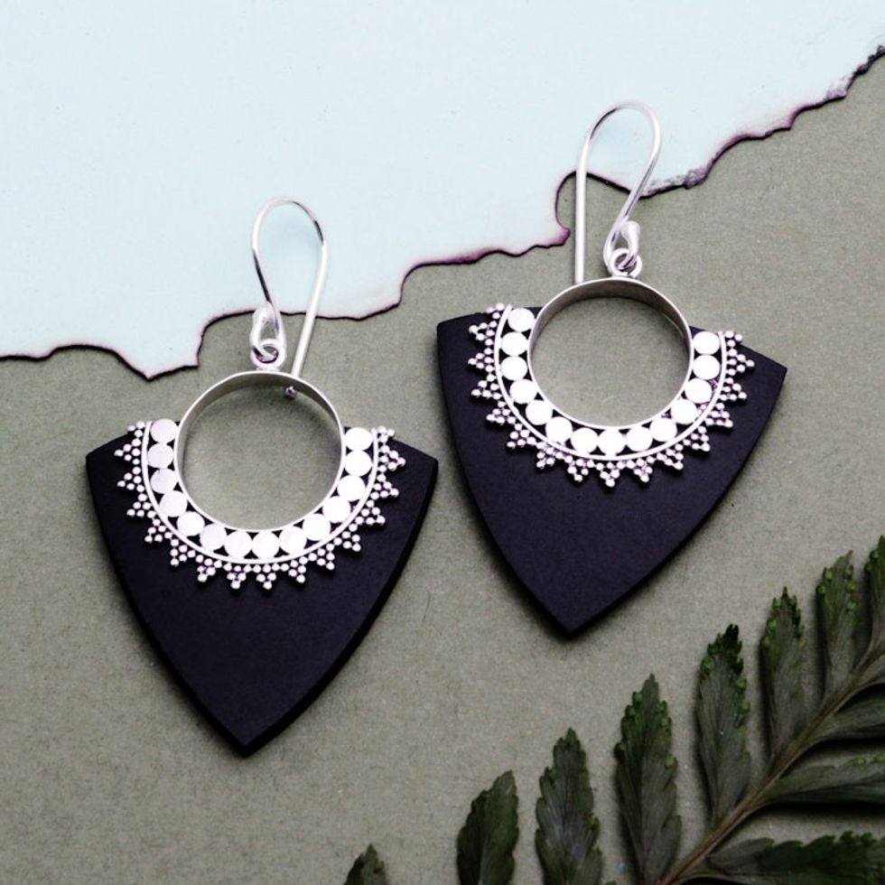 Sterling Silver and Lava Stone Pointed Earrings from Bali 'Dotted Arrows'