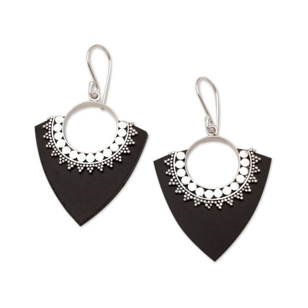 Alternate image for Sterling Silver and Lava Stone Pointed Earrings from Bali Dotted Arrows