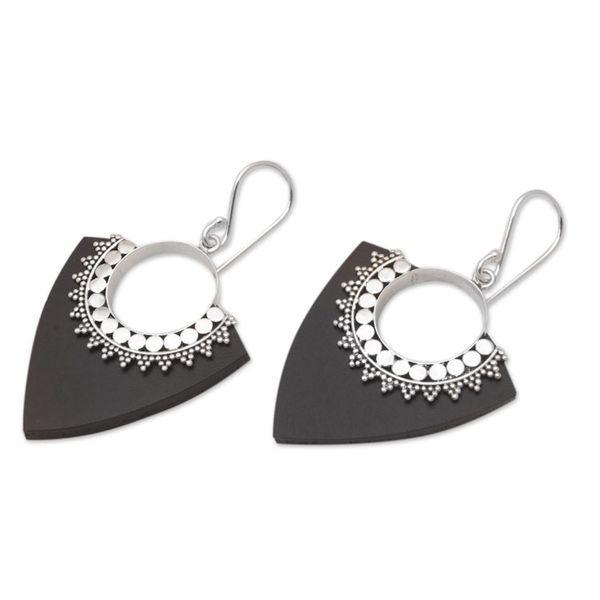 Alternate image for Sterling Silver and Lava Stone Pointed Earrings from Bali Dotted Arrows