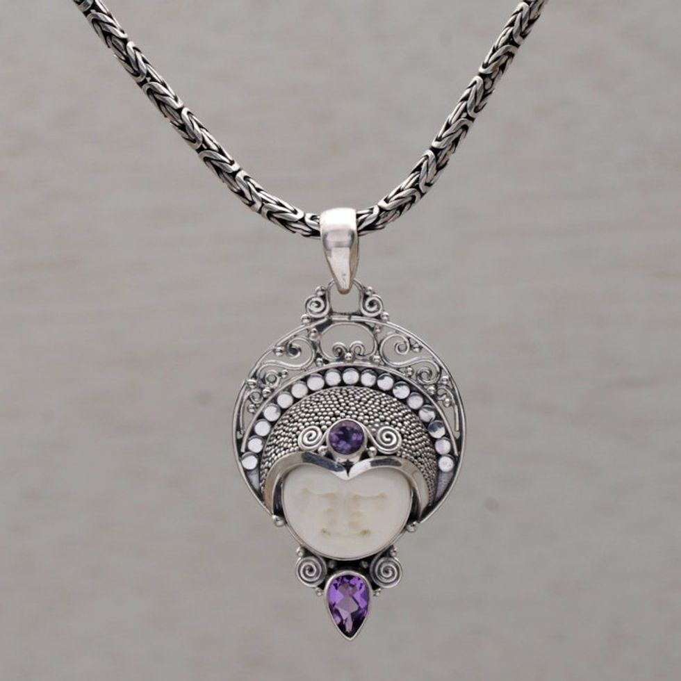Amethyst and Sterling Silver Pendant Necklace from Bali 'Lunar Queen'