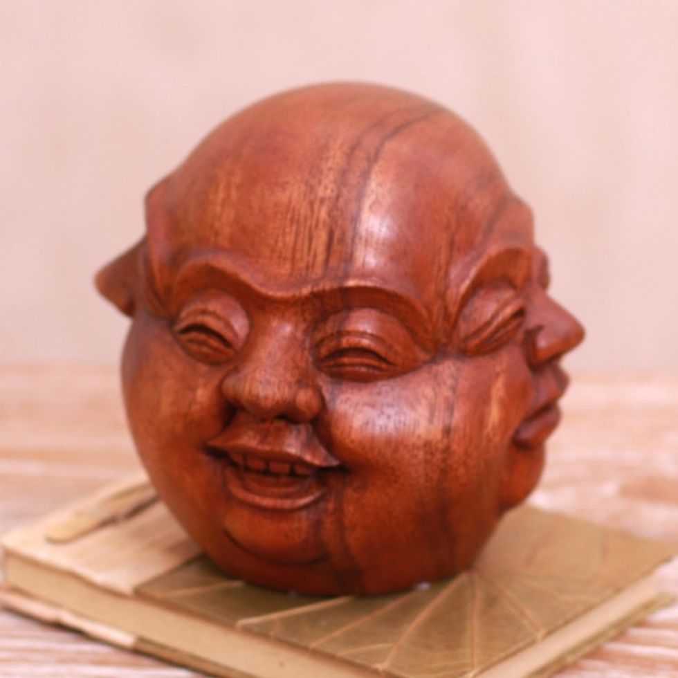 Four-Faced Suar Wood Sculpture Crafted in Bali 'Expressive Catur Muka'