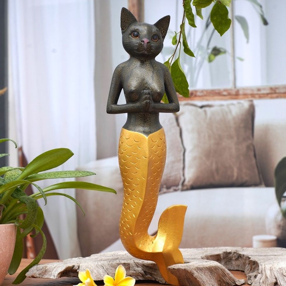Mermaid Cat Wall Sculpture in Dark Grey and Gold from Bali 'Mermaid Kitty in Dark Grey'