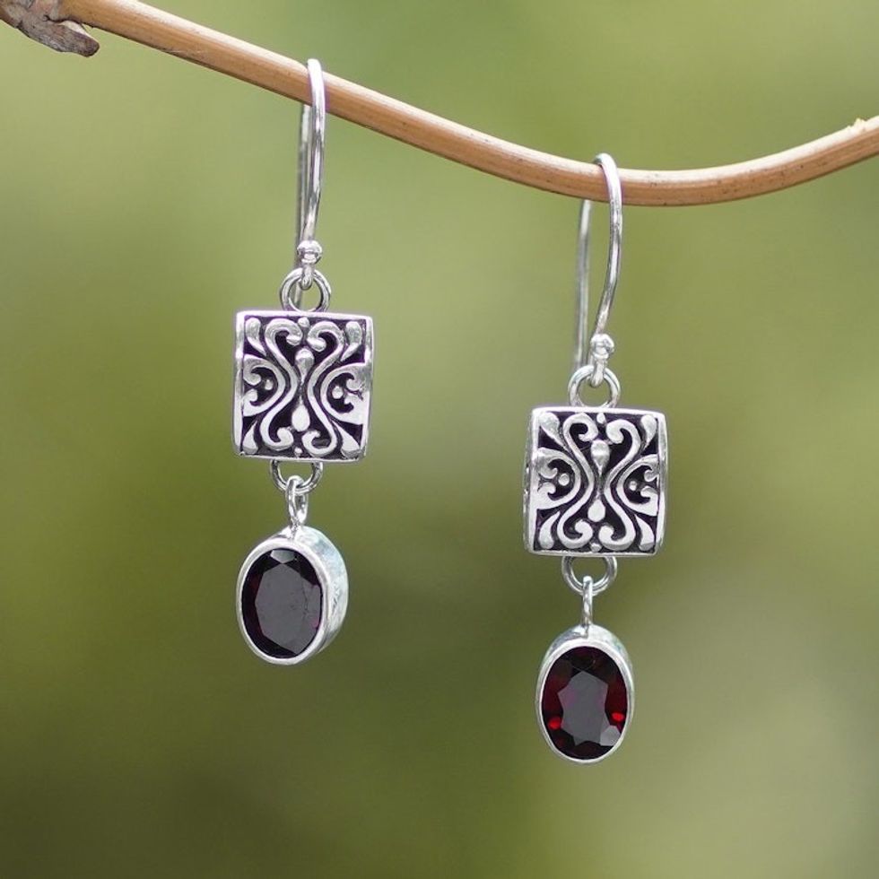 Sterling Silver and Garnet Dangle Earrings from Bali 'Red Horizon'