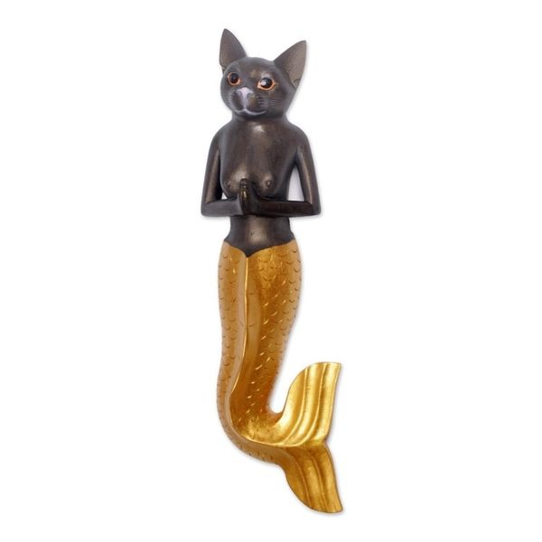 Alternate image for Mermaid Cat Wall Sculpture in Dark Grey and Gold from Bali Mermaid Kitty in Dark Grey