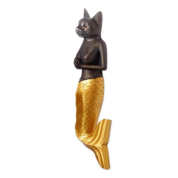 Alternate image for Mermaid Cat Wall Sculpture in Dark Grey and Gold from Bali Mermaid Kitty in Dark Grey
