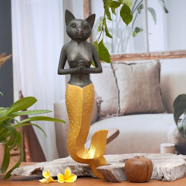 Alternate image for Mermaid Cat Wall Sculpture in Dark Grey and Gold from Bali Mermaid Kitty in Dark Grey