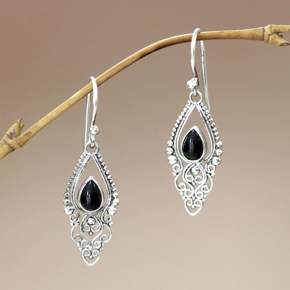 Sterling Silver and Onyx Dangle Earrings 'Black Fern'