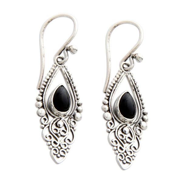 Alternate image for Sterling Silver and Onyx Dangle Earrings Black Fern