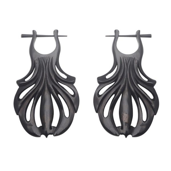 Alternate image for Hand Carved Water Buffalo Horn Shell Motif Hoop Earrings Graceful Fanfare