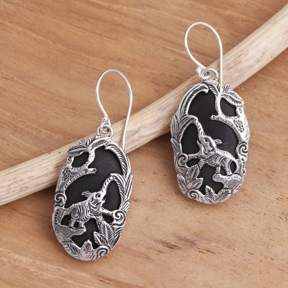 Sterling Silver and Lava Stone Elephant Dangle Earrings 'Elephant Habitat'
