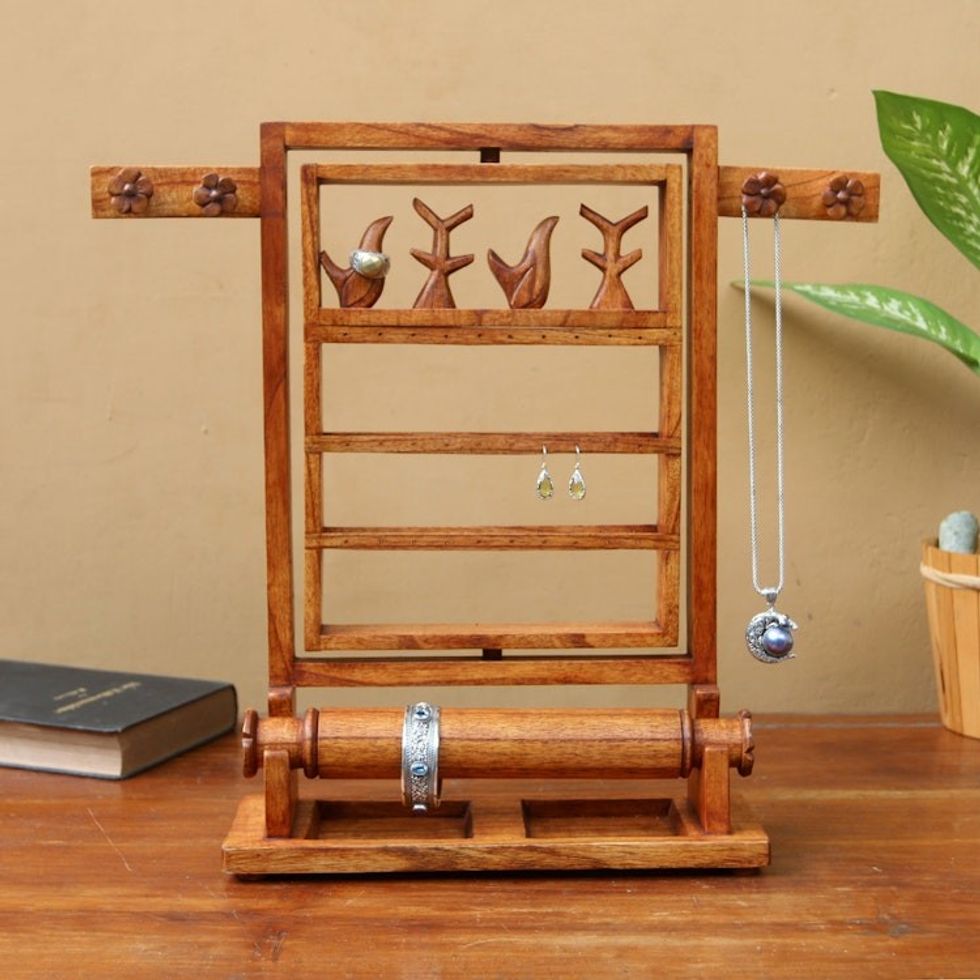 Floral Jempinis Wood Jewelry Stand in Brown from Bali 'Serene Forest in Brown'