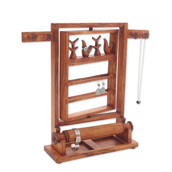 Alternate image for Floral Jempinis Wood Jewelry Stand in Brown from Bali Serene Forest in Brown