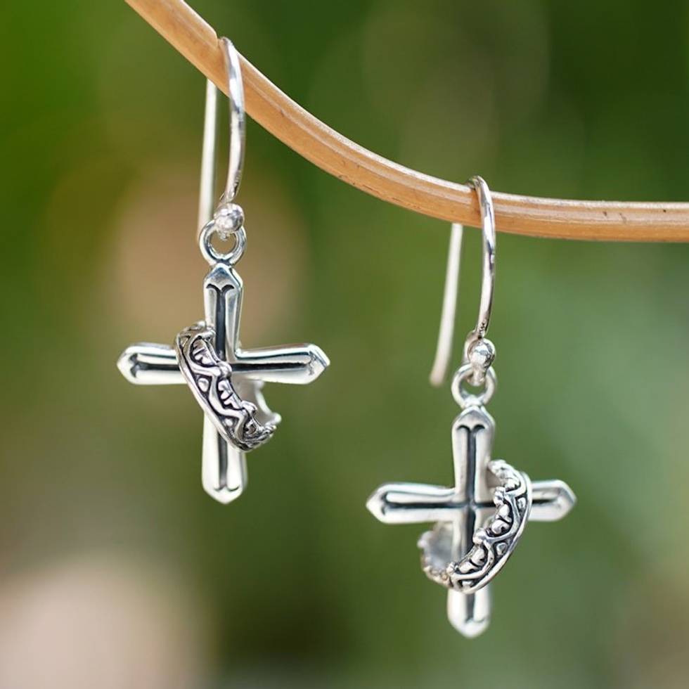 Sterling Silver Religious Earrings 'Cross and Crown'