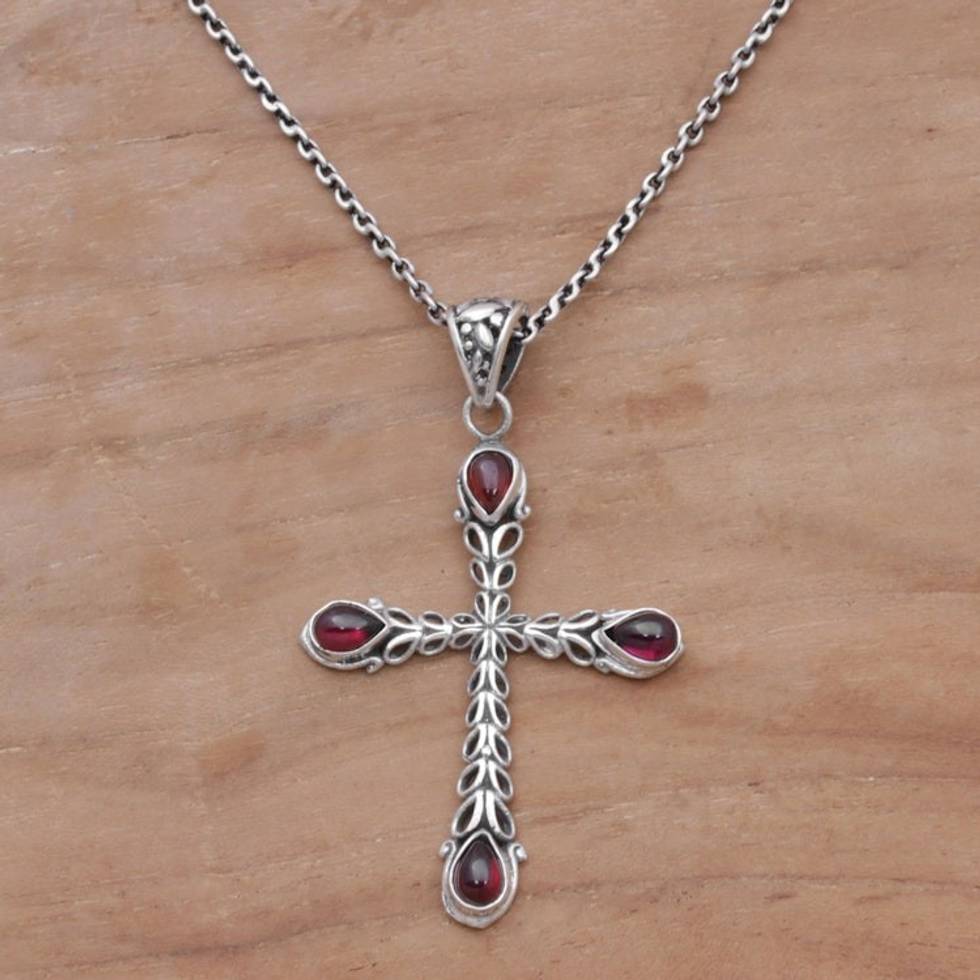 Garnet and Sterling Silver Cross Necklace from Bali 'Chapel Drops'