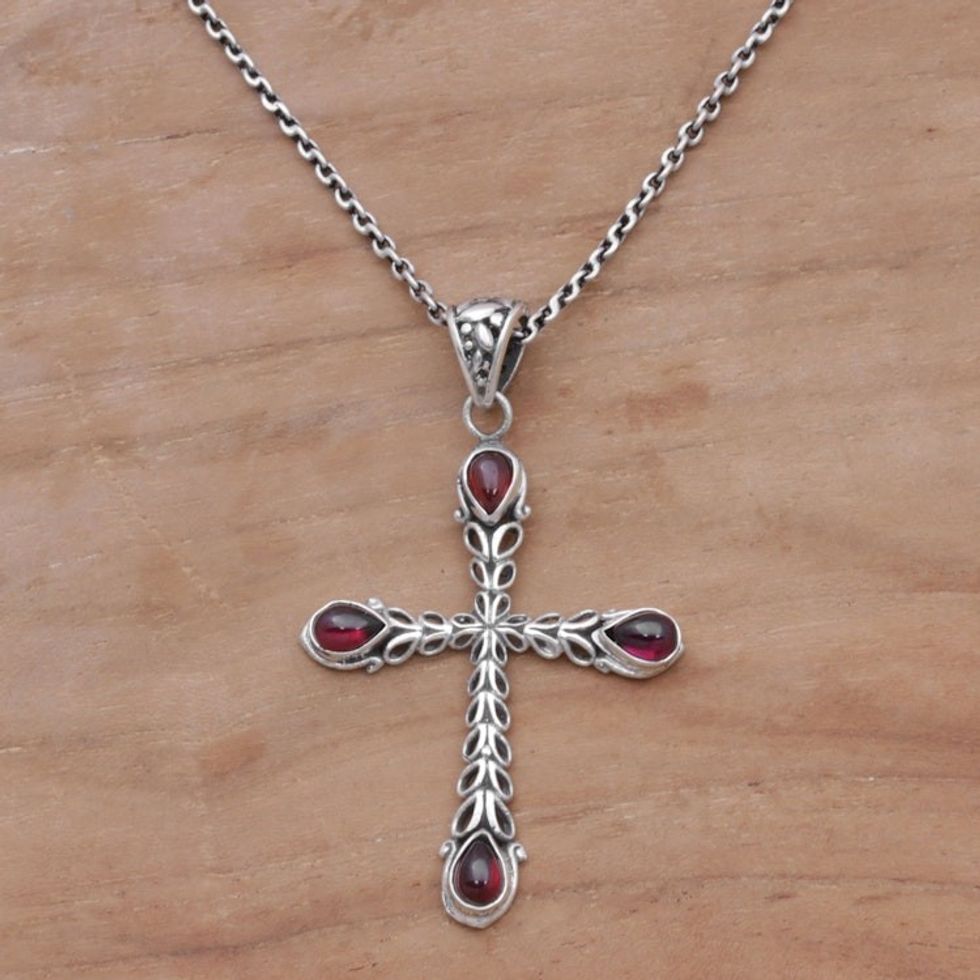 Garnet and Sterling Silver Cross Necklace from Bali 'Chapel Drops'