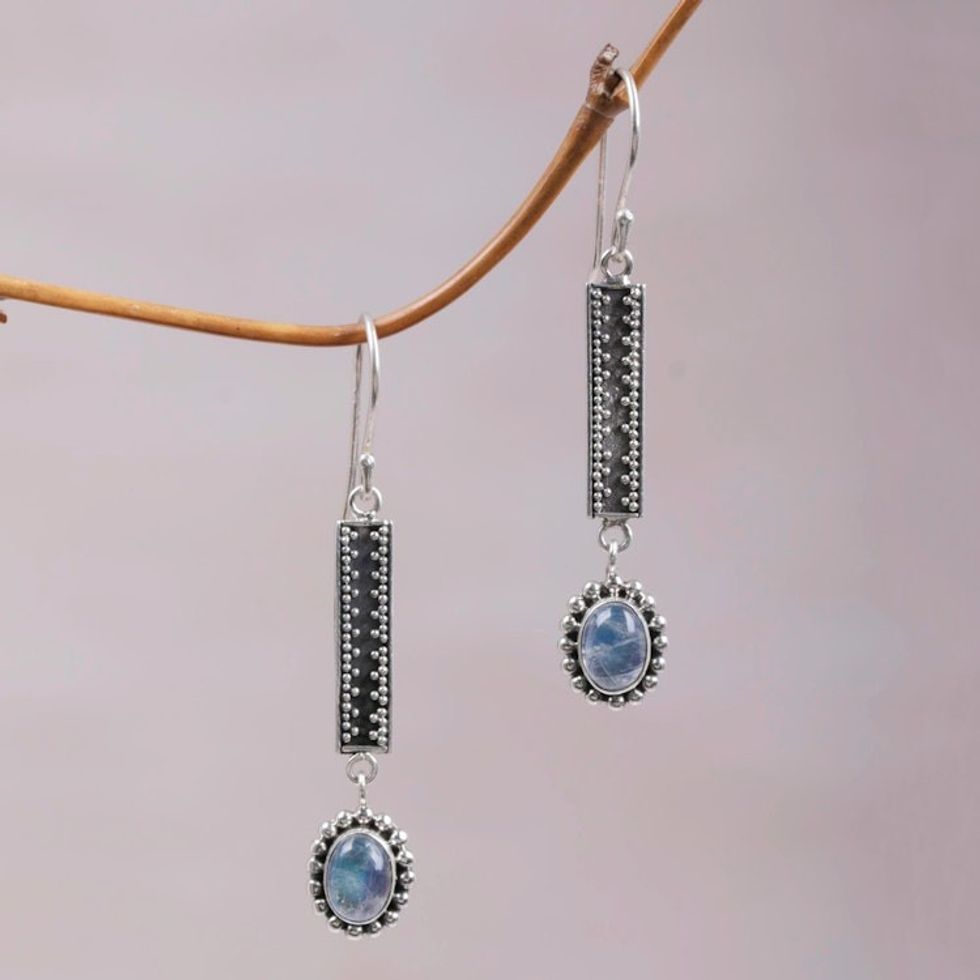 Hand Crafted Rainbow Moonstone Dangle Earrings from Bali 'Falling Rainbow Drops'