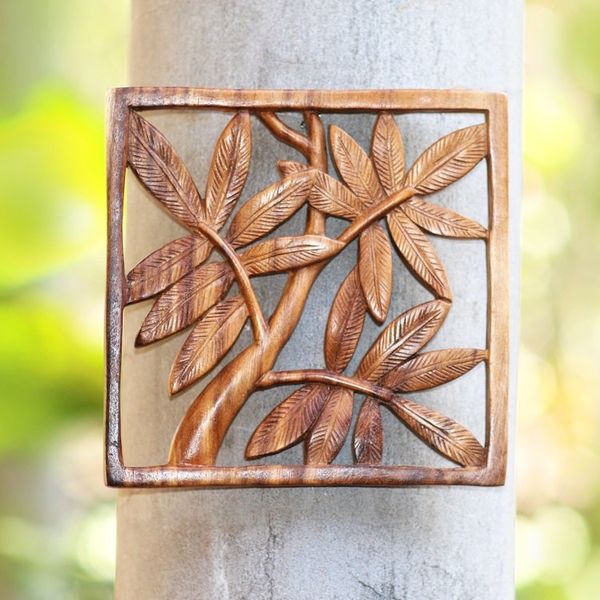 Alternate image for Bamboo Motif Hand Carved Wood Relief Panel Bamboo Leaves