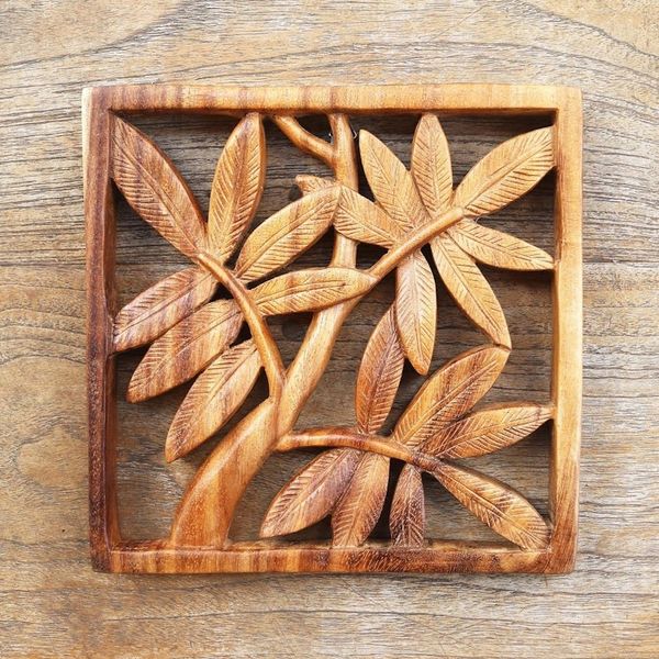 Alternate image for Bamboo Motif Hand Carved Wood Relief Panel Bamboo Leaves
