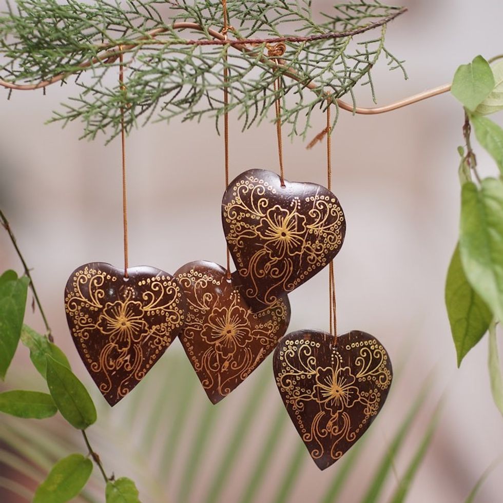 Set of 4 Handmade Brown Coconut Shell Heart Ornaments 'With Our Hearts'