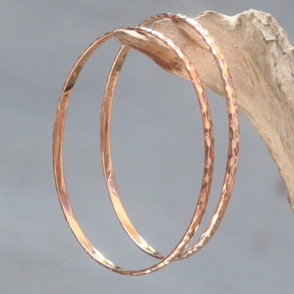 Women's Gold Plated Silver Bangle Bracelets from Bali Pair ''Rose Gold Mosaic''