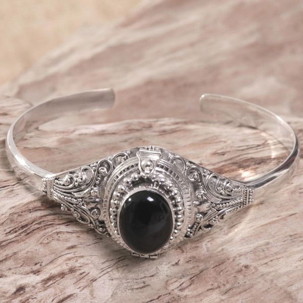 Alternate image for Onyx and Sterling Silver Cuff Locket Bracelet Indonesia Deep Gaze