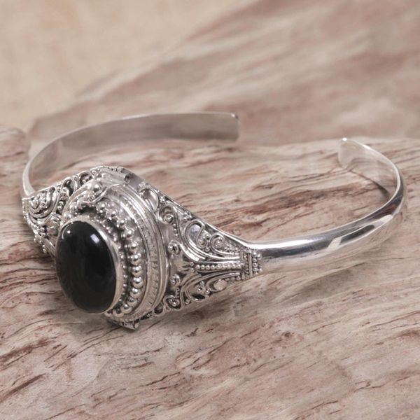 Alternate image for Onyx and Sterling Silver Cuff Locket Bracelet Indonesia Deep Gaze