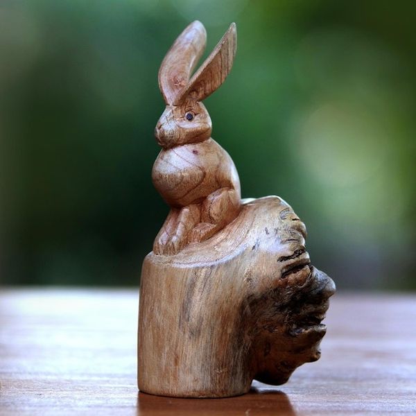 Alternate image for Hand-Carved Wood Hare Sculpture from Bali Watchful Hare