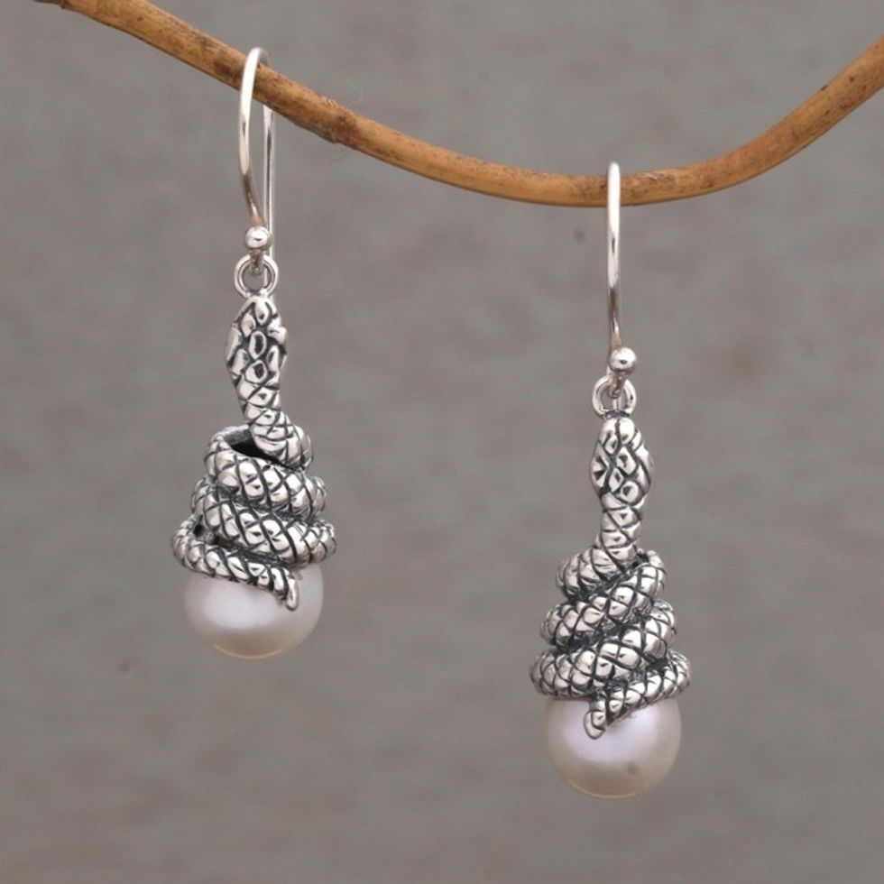 Cultured Pearl Snake Dangle Earrings from Bali 'Snake Guardians'