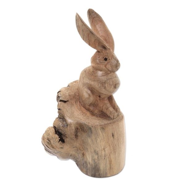 Alternate image for Hand-Carved Wood Hare Sculpture from Bali Watchful Hare