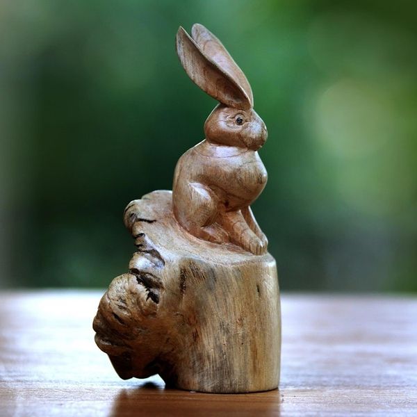 Alternate image for Hand-Carved Wood Hare Sculpture from Bali Watchful Hare