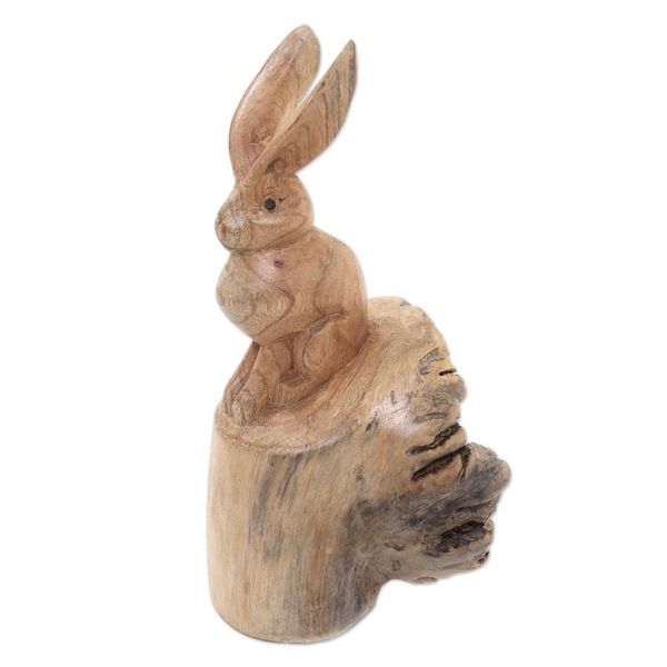 Alternate image for Hand-Carved Wood Hare Sculpture from Bali Watchful Hare