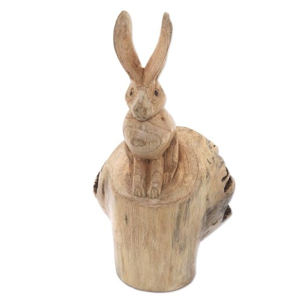 Alternate image for Hand-Carved Wood Hare Sculpture from Bali Watchful Hare