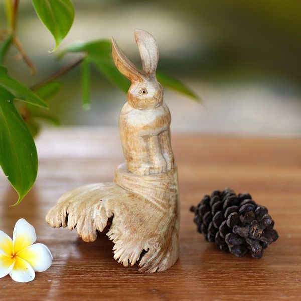 Alternate image for Hand-Carved Wood Hare Sculpture from Bali Watchful Hare
