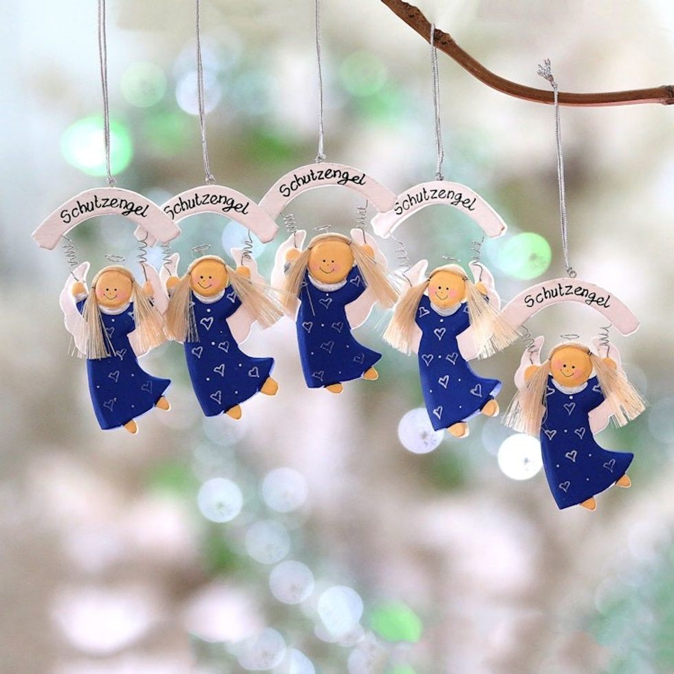 Blue Wood Guardian Angel Ornaments from Bali Set of 5 'Schutzengel in Blue'