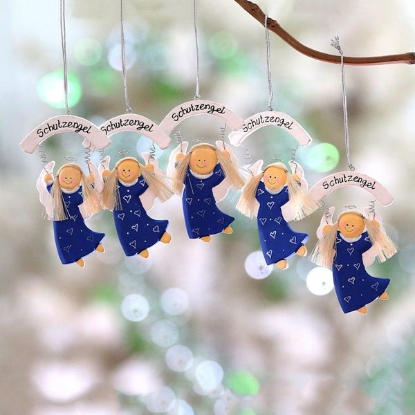 Alternate image for Blue Wood Guardian Angel Ornaments from Bali Set of 5 Schutzengel in Blue