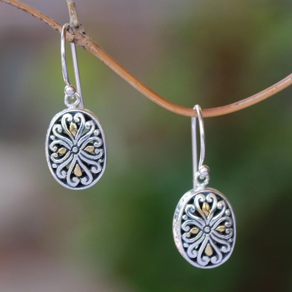 Oval Gold-Accented Sterling Silver Dangle Earrings from Bali 'Charming Vines'